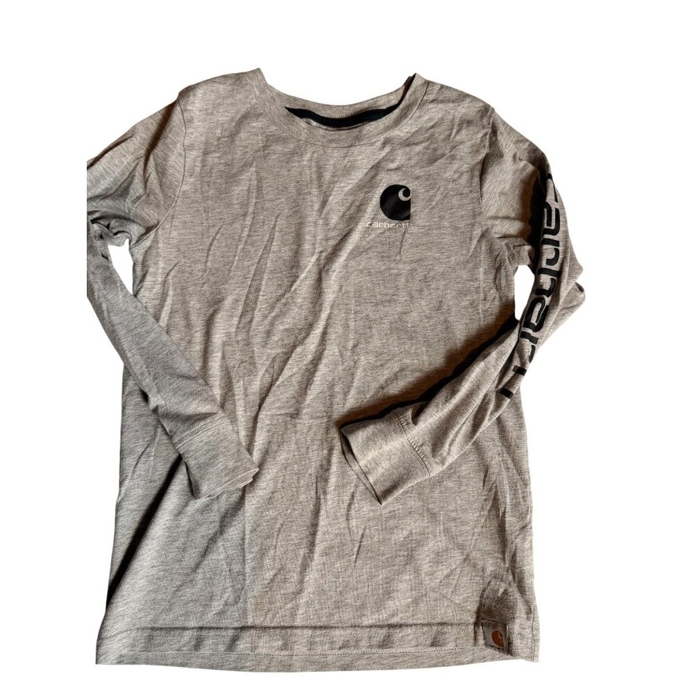 Carhartt Boys Grey Long-Sleeve Logo Tee Shirt Size 7 Cotton Blend Casual Style